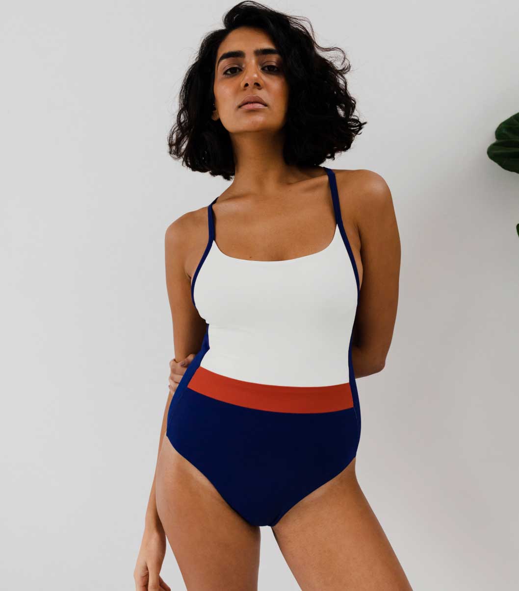 ethical and sustainable swim wear brand stay wild swim the lunar one piece cream navy eco lookbook